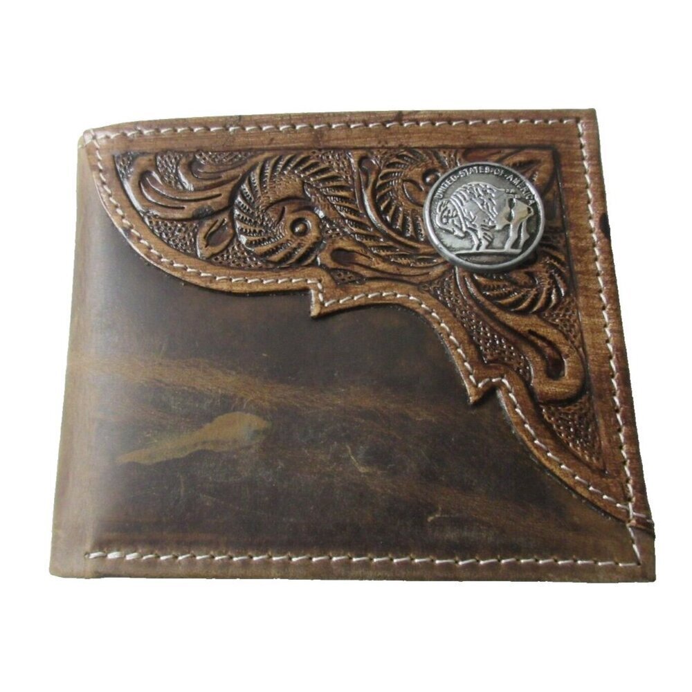 American Bison Men's Buffalo Nickel Concho Bifold Brown Leather Wallet NIB